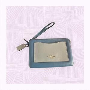 Coach Leather Wristlet Clutch in Blue and Beige 2016